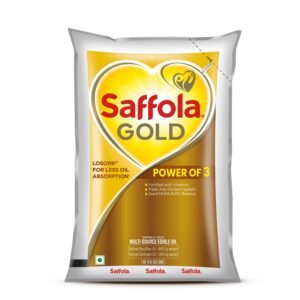 Saffola Gold Refined Cooking oil | Power of 3 - Balance of Good Fats, Triple Anti-Oxidant System & Fortified with Vitamins | Multi-Source Edible Rice Bran & Sunflower Oil | 1 Litre Pouch